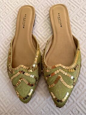 Reaction Kenneth Cole Green Sequin Pointed Mules with Gold Accents
